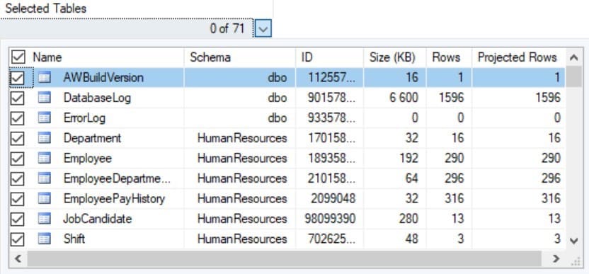 Figure 3 - Specific tables selection for tuning
