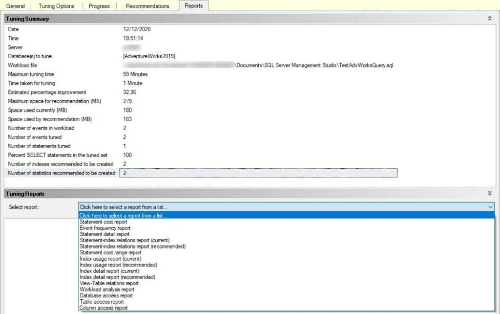 Figure 7 - Tuning reports selection