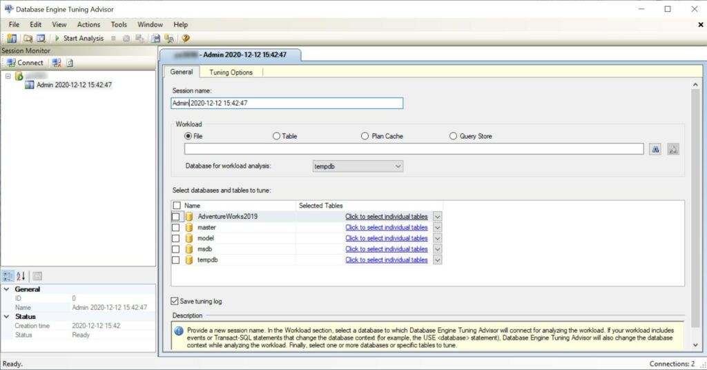 Figure 2 – Database Engine Tuning Advisor start page