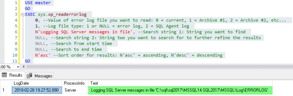 Figure 1 - Get SQL error log location using T-SQL