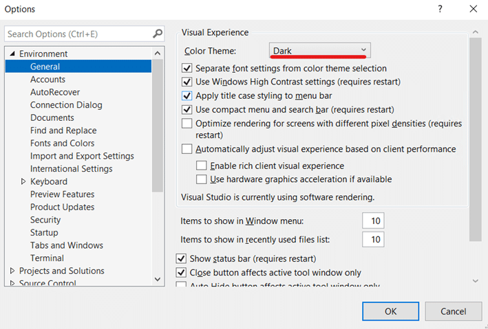 Visual Studio Options menu with "Dark" selected as the color theme under Environment > General settings.