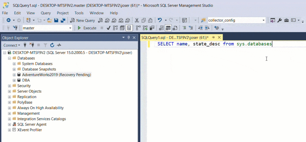 SQL Server Management Studio showing AdventureWorks2019 marked Recovery Pending in Object Explorer beside a sys.databases state query.